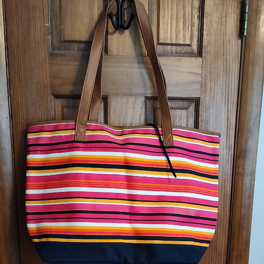Thirty-One Colorful Striped Tote with Brown Handles